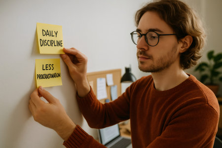 Young man attaching colorful post it notes to a wall, each displaying productivity goals, enhancing focus and organization in his workspaceの素材