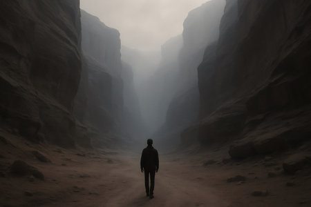 Rear view of an explorer walking into a misty canyon, immersing in the wilderness on a foggy day filled with mystery and adventureの素材