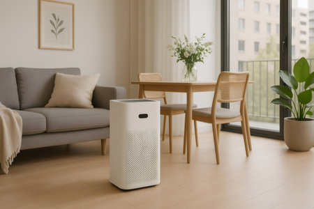 White air purifier working in contemporary designed living room with sofa, dining table and houseplantの素材