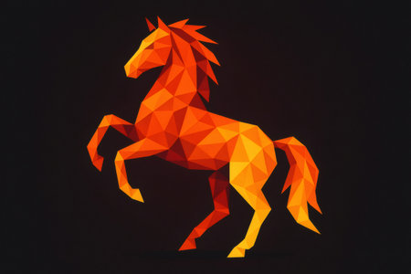 Polygonal rearing horse with orange gradient on black background, representing power and elegance through geometric artの素材