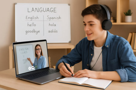 Teenager wearing headphones taking notes while learning English with online teacher using video call software on laptopの素材