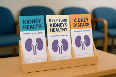 Informative brochures about kidney health, kidney disease, and keeping kidneys healthy are displayed in a waiting roomの素材