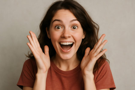 Portrait of a cheerful brunette woman expressing joy and amazement with open mouth and raised handsの素材