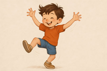Happy child joyfully dancing and smiling with arms raised, expressing carefree happiness and playful energyの素材