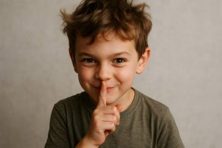 Portrait of a smiling child making a quiet gesture with his finger on his lips, on a neutral backgroundの素材