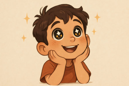 Adorable child with sparkling eyes gazing upward, radiating a joyful expression filled with wonder, amazement, and pure innocenceの素材