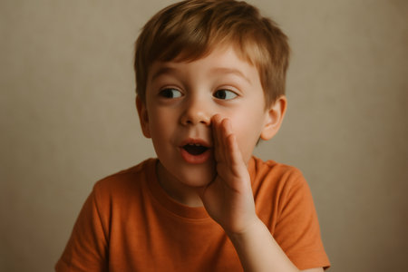Preschool child telling a secret, whispering and cupping hand over mouth, with surprised expression on face against a neutral backgroundの素材