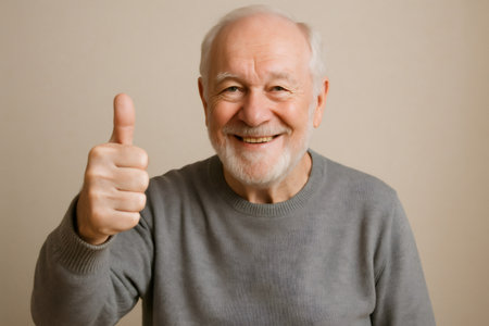 Cheerful elderly man with gray sweater showing thumbs up gesture and smiling on plain backgroundの素材