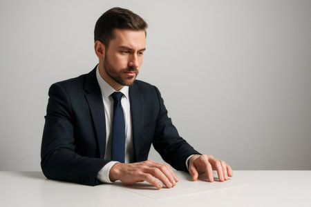 Businessman sitting at desk and using imaginary innovative device, simulating typing on a futuristic invisible keyboardの素材