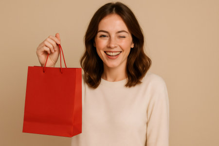 Studio shot of cheerful young woman winking and holding red shopping bag against beige backgroundの素材
