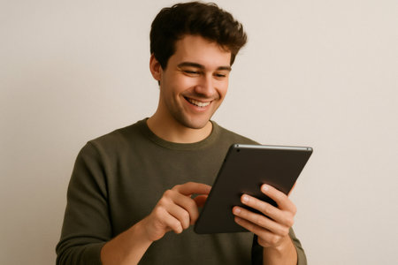 Happy young man smiling while browsing the internet and using an app on a tablet, isolated against a clean white backgroundの素材