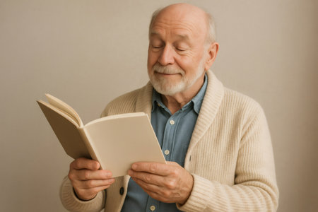 Elderly man enjoying leisure time, smiling while immersed in a book, embracing the joy of reading and the comfort of homeの素材
