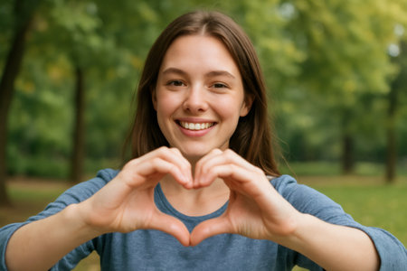 Smiling young woman creating a heart shape with her hands, radiating love and happiness while enjoying a sunny day in the parkの素材