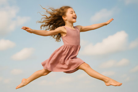 Girl joyfully leaping in the air with outstretched arms, her hair flowing freely against a backdrop of blue sky and fluffy clouds, expressing carefree happiness and freedomの素材