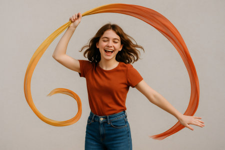 Teenager girl playing with a colorful fabric ribbon, laughing and having fun, expressing happiness and freedomの素材