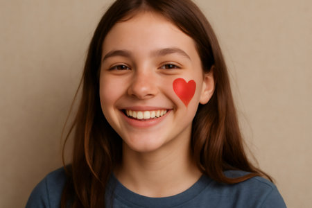 Portrait of a cheerful teen girl with a painted heart on her cheek, expressing joy, love, and positivityの素材