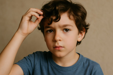 Portrait of a child fixing his brown curly hair with a serious expression, on a beige backgroundの素材