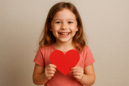Portrait of a cheerful young girl holding a big red paper heart, symbolizing love, care, and happinessの素材