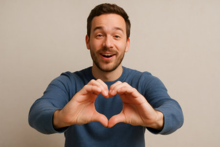 Happy man making heart shape with hands, expressing love, affection, and positive emotions against a neutral backgroundの素材