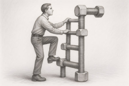 Businessman carefully climbing career ladder made of large bolts and nuts, symbolizing challenges and growth in businessの素材