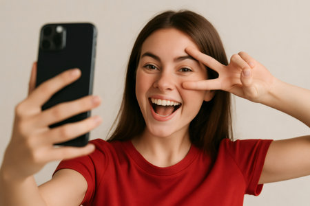 Cheerful young woman holding smartphone and making peace sign while taking selfie against beige backgroundの素材