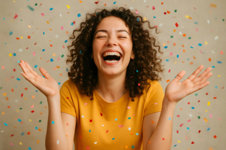 Curly haired woman laughing with closed eyes while celebrating with colorful confetti falling downの素材