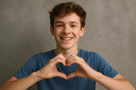 Smiling teenager creating a heart shape with hands against a gray background, radiating love and positive emotions in a joyful portraitの素材