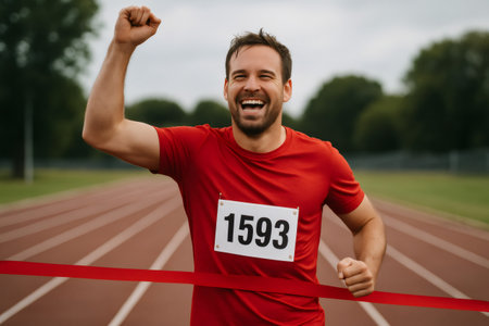 Happy athlete crossing the finish line, raising a fist in celebration, embodying joy and triumph after a hard fought victory in the raceの素材