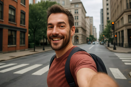Young man smiling and holding a backpack while taking a selfie on a bustling city street, capturing the joy of urban explorationの素材