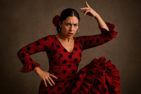 Flamenco dancer wearing traditional polka dot dress performing with elegance and passion in studio with brown backgroundの素材