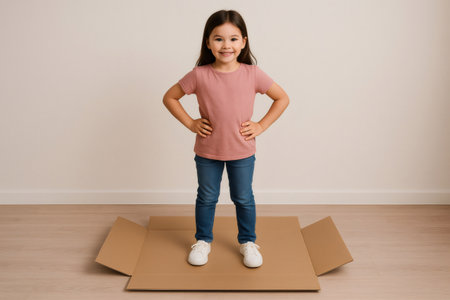 Little girl smiling brightly while standing on a cardboard box, celebrating the excitement of moving into a new house with her familyの素材