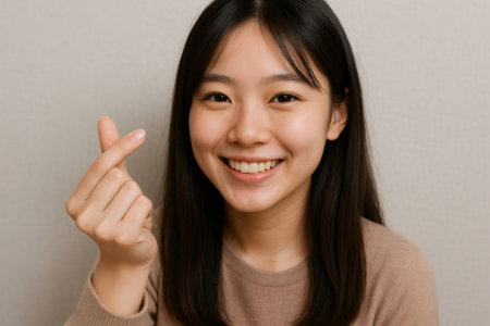 Portrait of a cheerful young woman smiling brightly while forming the iconic Korean love sign with her fingers, radiating joy and affectionの素材