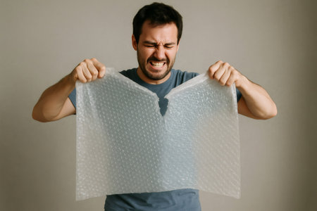 Man popping bubble wrap and making a silly face, enjoying stress relief while playfully relieving anxiety in a studio settingの素材