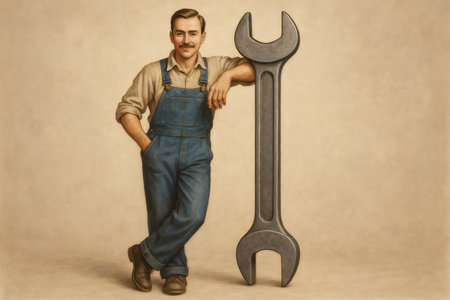 Vintage illustration featuring a proud mechanic confidently leaning against a giant wrench while gazing directly at the viewerの素材