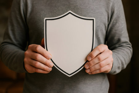 Man holding a blank shield, symbolizing protection, security, and safety in insurance or cybersecurityの素材