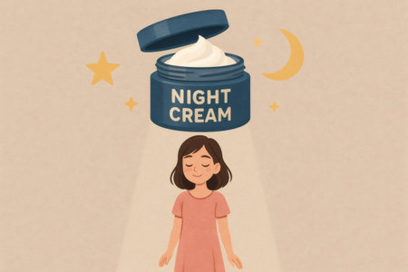 Skincare routine with night cream application promoting relaxation and beauty sleep under moonlight and starsの素材