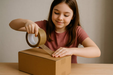 Girl sealing a cardboard box with packing tape, getting ready to ship or store the package securely for future useの素材