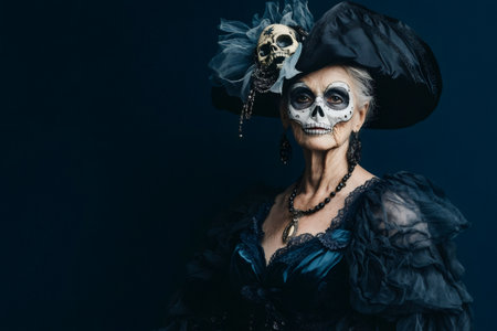 Studio portrait of a stylish mature woman with sugar skull makeup, celebrating the Day of the Dead tradition with elegance and dark tonesの素材