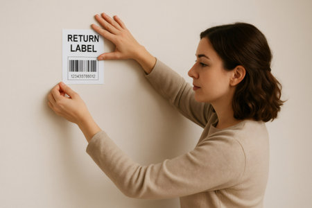 Woman carefully placing return label with barcode on a white wall, preparing for shipment or return processの素材