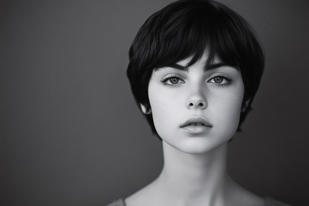 Black and white portrait of a young woman with short hair, freckles, and a serene expression, conveying a sense of natural beauty and confidenceの素材