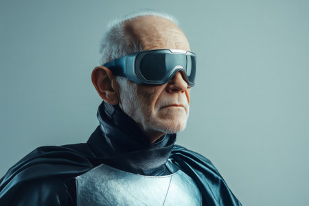 Portrait of a senior man wearing futuristic warrior costume and goggles looking away from camera on a light blue backgroundの素材