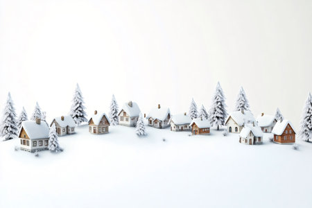 Snow covered houses and fir trees create a cozy winter atmosphere in a quiet village, perfect for a festive holiday seasonの素材