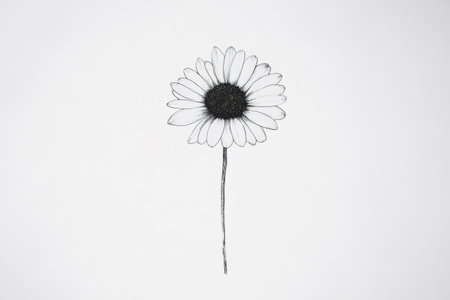 Minimalist black and white illustration representing a single daisy flower on a white background, conveying simplicity, purity, and eleganceの素材