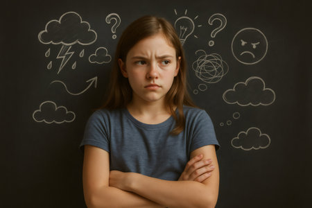 Portrait of a thoughtful student with arms crossed looking pensive in front of a blackboard with chalk drawings representing her thoughts and feelingsの素材