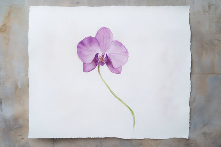 Watercolor painting featuring a single purple orchid on white paper with a textured background, creating a minimalist and elegant compositionの素材