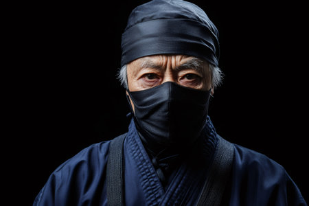 Portrait of an elderly Asian ninja master wearing a mask and traditional clothes, posing in a dark room, looking intenselyの素材