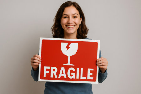 Smiling woman holding a large red and white fragile sign featuring a broken glass symbol, emphasizing the need for careful handling during shippingの素材