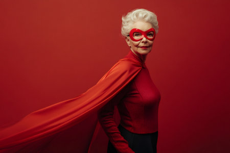Powerful senior woman donning a striking red superhero costume with a flowing cape, confidently posing against a vibrant red backgroundの素材