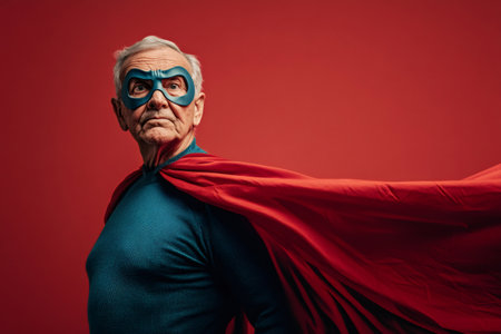 Determined senior man wearing superhero costume with red cape looking aside while posing in studio with red backgroundの素材