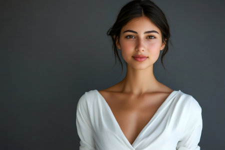 Fashion portrait of a young woman wearing a white top, posing against a dark gray background, creating a minimalist and stylish imageの素材